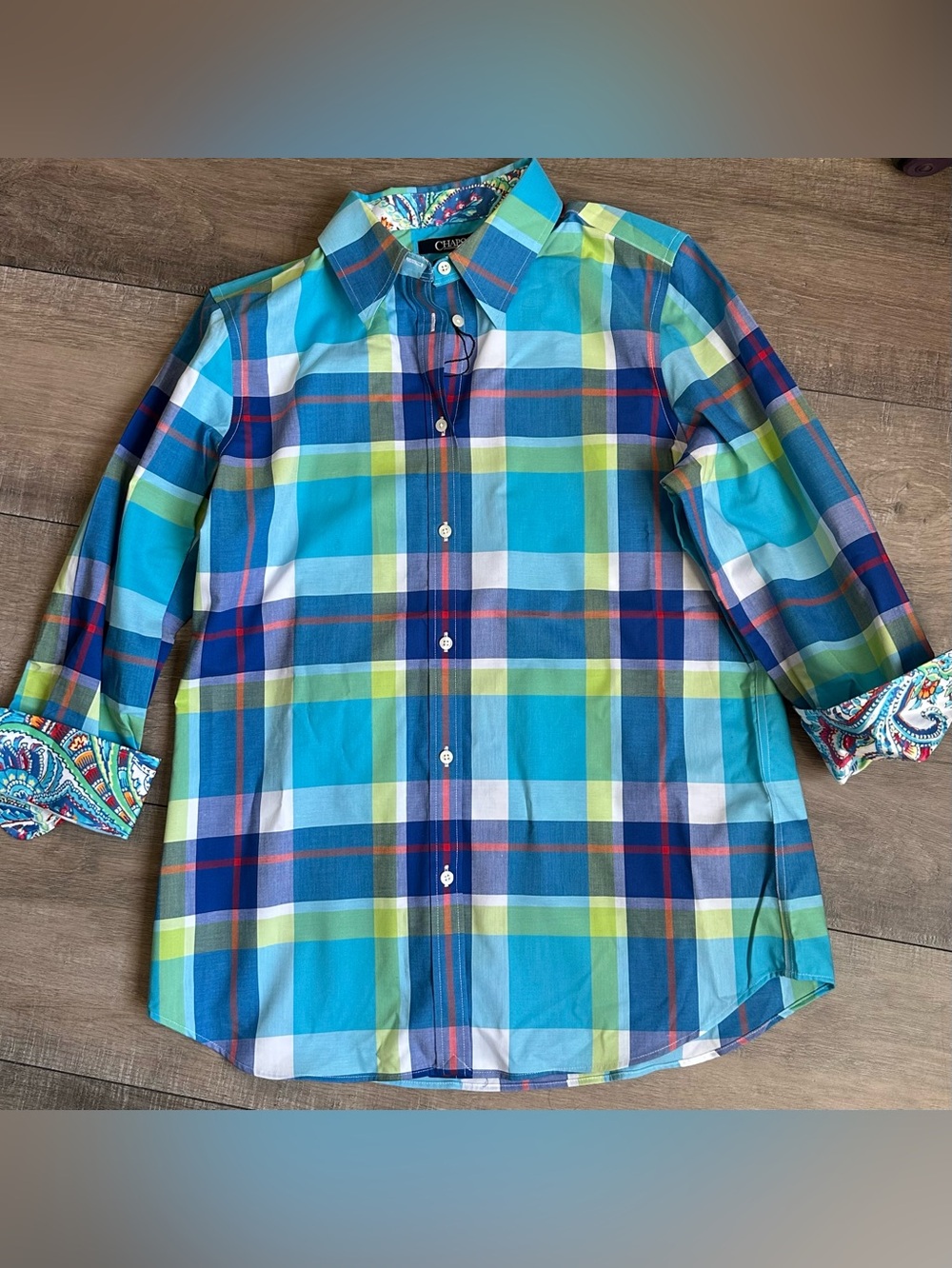 Chaps Blue Green Plaid Button-Down Shirt - Picture 4 of 7